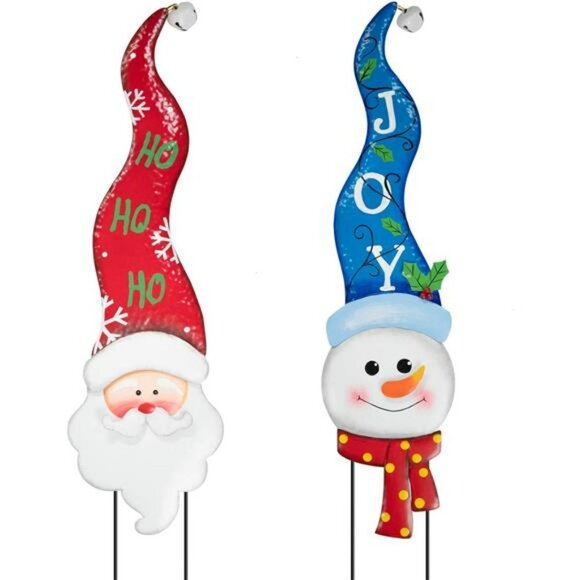 2 Pcs Christmas Yard Stakes, 3D Metal Outdoor, 31'' Snowman and Santa Christmas - Picture 2 of 7